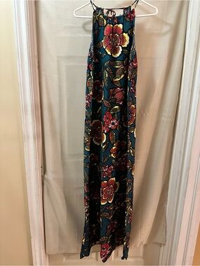 LOFT XS Linen Rayon Floral Halter Maxi Dress Teal Sleeveless Summer Dress